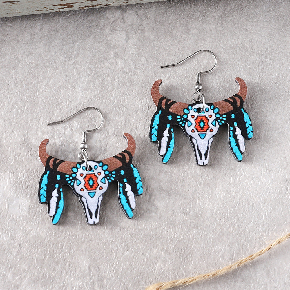 Wholesale Western ethnic style bull head wooden double-sided earrings